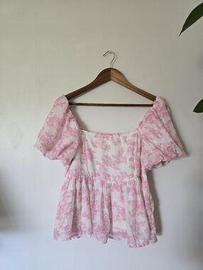 Japna Womens Pink White Floral Peplum Blouse Size Large Puff Sleeves Top